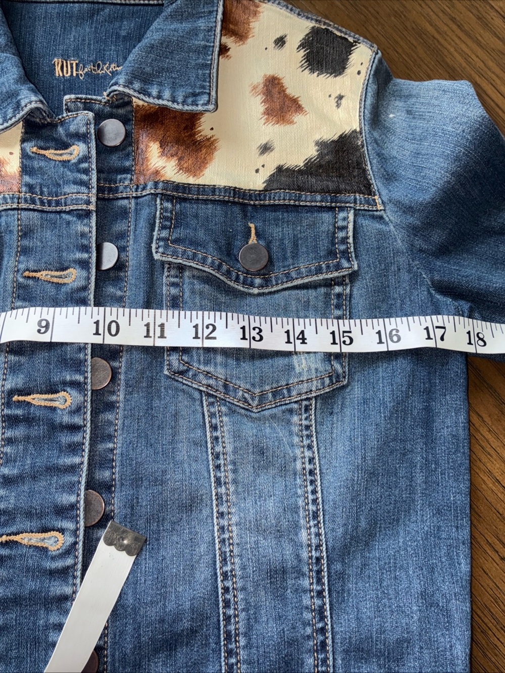 Kut from the Kloth Blue Denim Jacket with Brown and White Cow Print Yoke - Picture 6 of 8